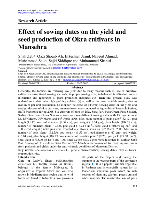 (PDF) Effect of sowing dates on the yield and seed production of Okra ...