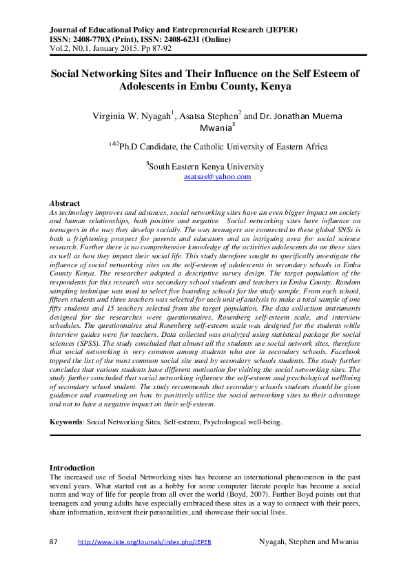 (PDF) Social Networking Sites and Their Influence on the Self Esteem of ...