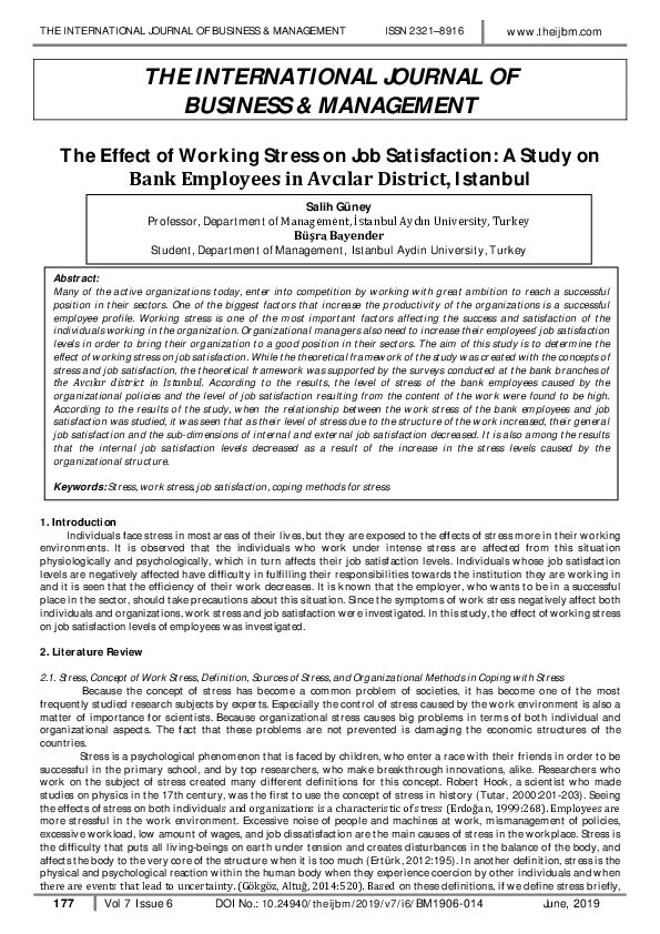 (PDF) The Effect of Working Stress on Job Satisfaction: A Study on Bank ...
