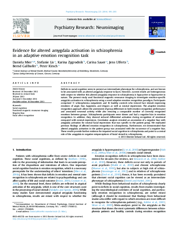 (PDF) Altered Amygdala Activation in Schizophrenia