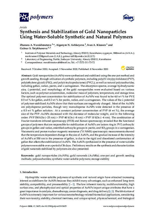 (PDF) Synthesis and Stabilization of Gold Nanoparticles Using Water ...