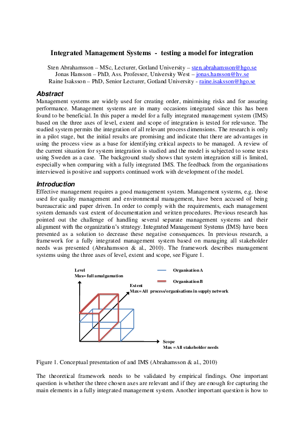 (PDF) Integrated Management Systems : testing a model for integration