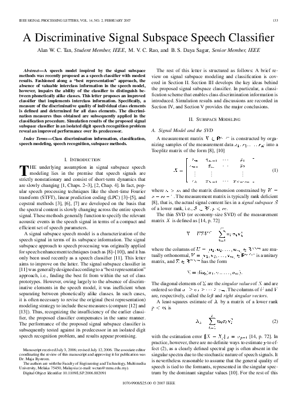 (PDF) A Discriminative Signal Subspace Speech Classifier
