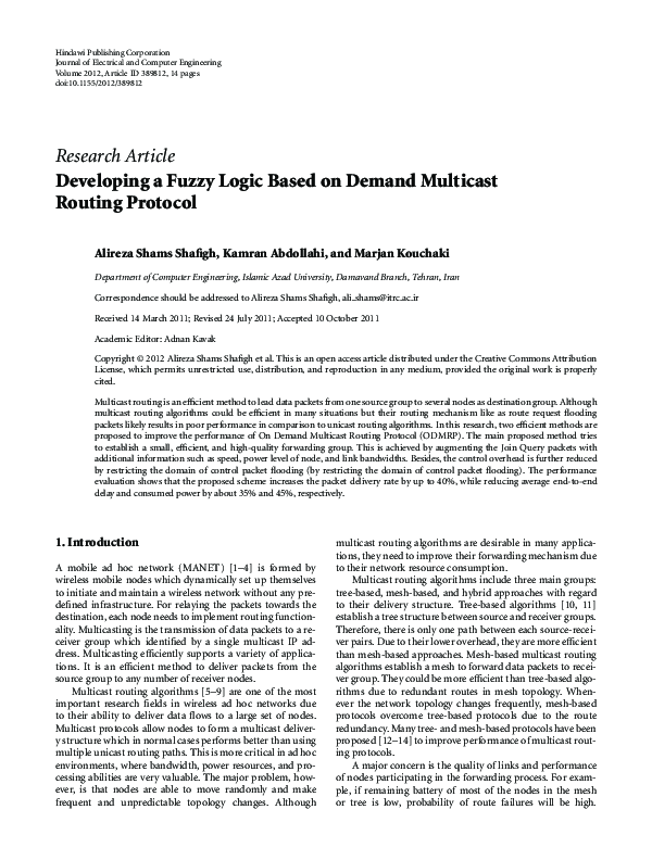 (PDF) Developing a Fuzzy Logic Based on Demand Multicast Routing Protocol
