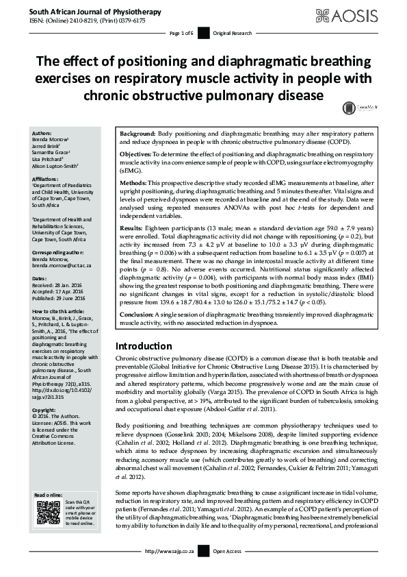 (PDF) The effect of positioning and diaphragmatic breathing exercises ...