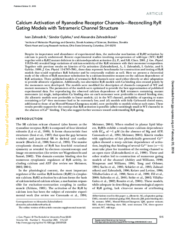 (PDF) Calcium Activation of Ryanodine Receptor Channels--Reconciling ...