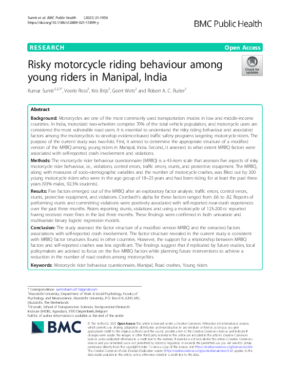 (PDF) Risky motorcycle riding behaviour among young riders in Manipal ...