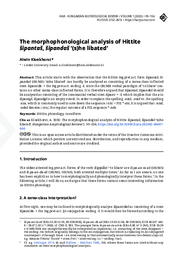 (PDF) The morphophonological analysis of Hittite šipantaš, šipandaš '(s ...