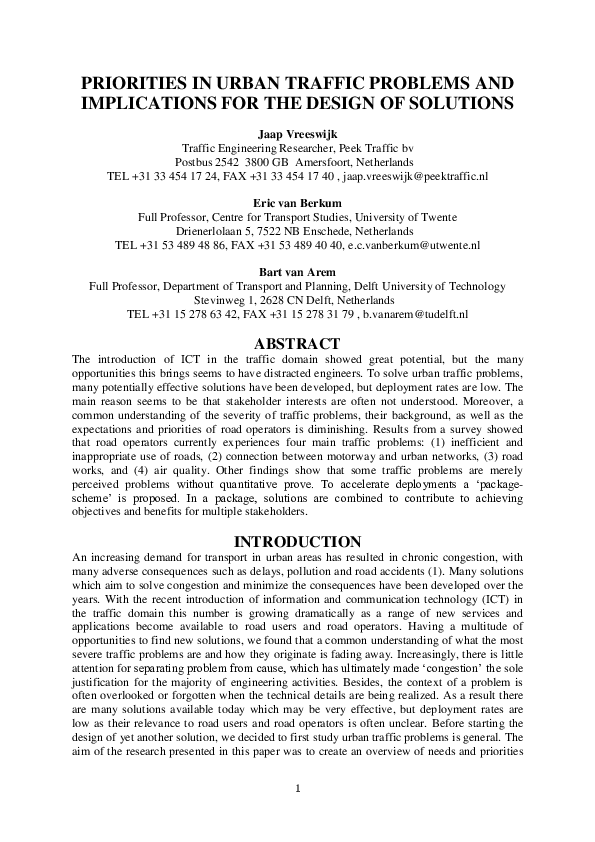 (PDF) Priorities in Urban Traffic Problems and Implications for the ...