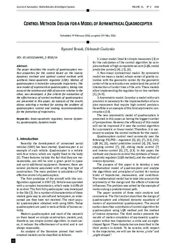 (PDF) Control Methods Design for a Model of Asymmetrical Quadrocopter
