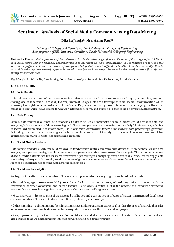 (PDF) IRJET- Sentiment Analysis of Social Media Comments using Data Mining