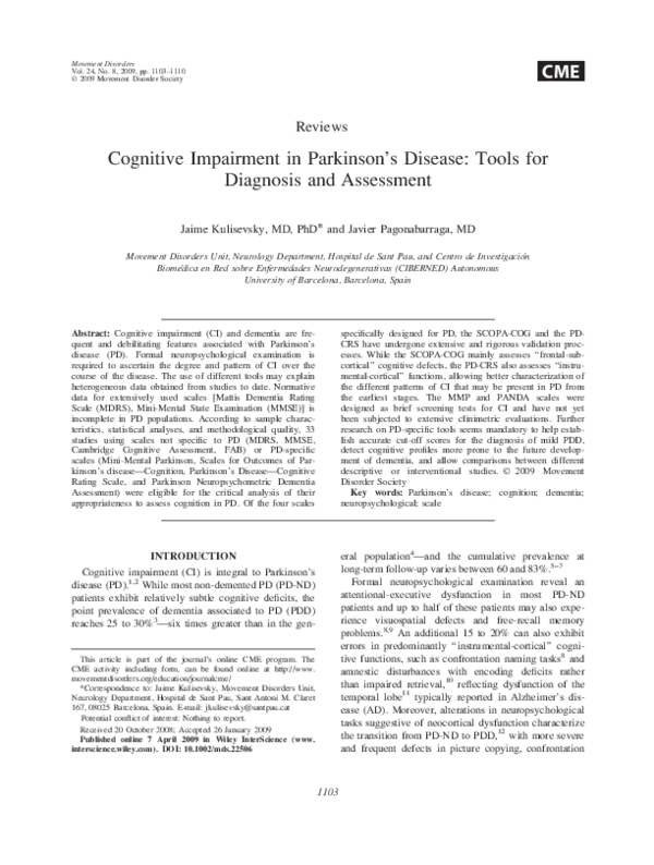 (PDF) Cognitive impairment in Parkinson's disease Tools for diagnosis