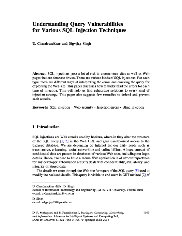 (PDF) Understanding Query Vulnerabilities for Various SQL Injection ...