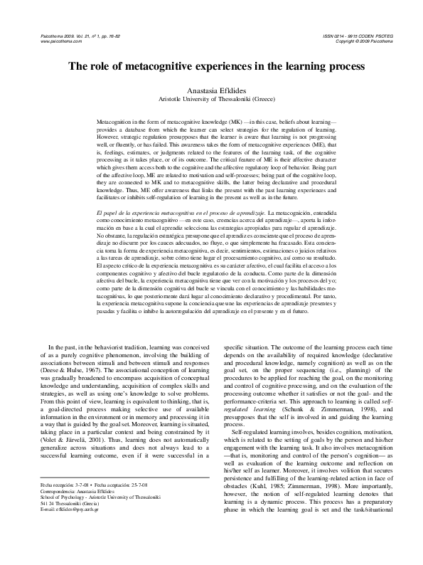 (PDF) The role of metacognitive experiences in the learning process