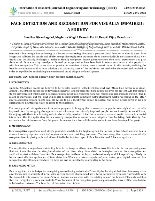 (PDF) IRJET- FACE DETECTION AND RECOGNITION FOR VISUALLY IMPAIRED : A ...