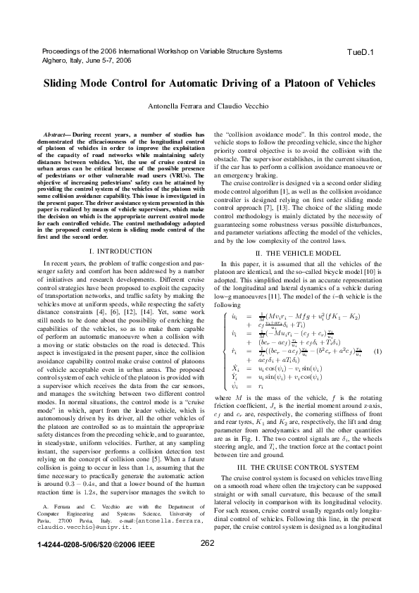 (PDF) Sliding Mode Control for Automatic Driving of a Platoon of Vehicles