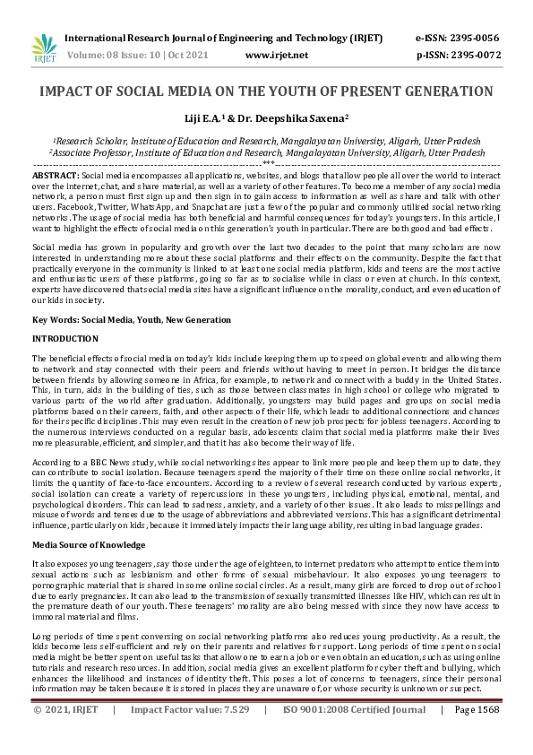 (PDF) IRJET- IMPACT OF SOCIAL MEDIA ON THE YOUTH OF PRESENT GENERATION