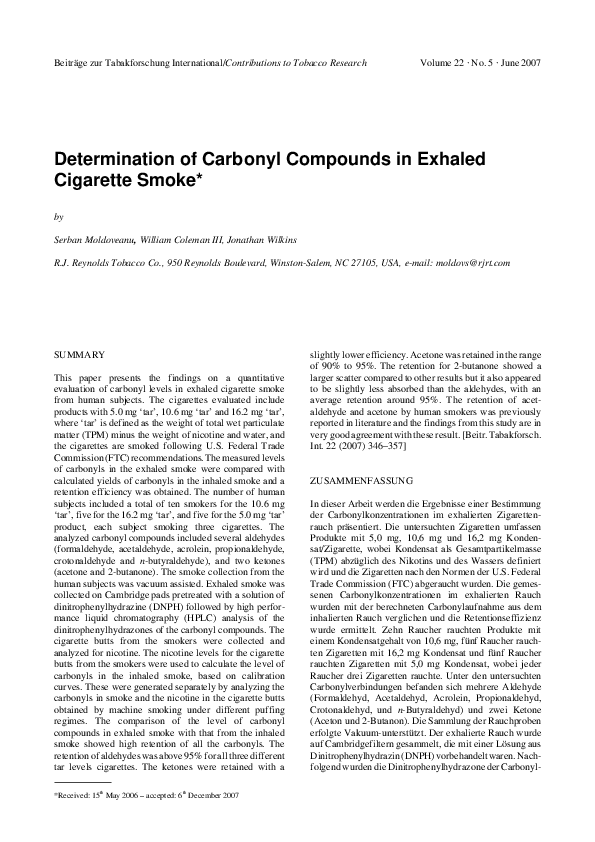 (PDF) Determination of Carbonyl Compounds in Exhaled Cigarette Smoke