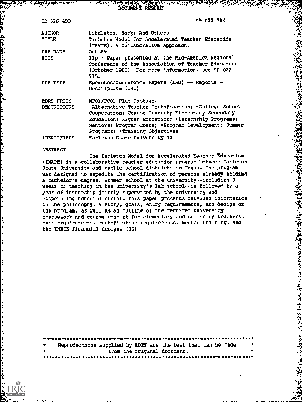 (PDF) Tarleton Model for Accelerated Teacher Education (TMATE). A ...