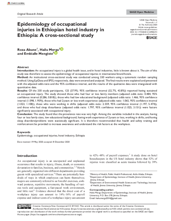(PDF) Epidemiology of occupational injuries in Ethiopian hotel industry