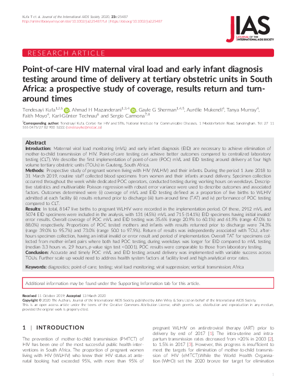 (PDF) Point‐of‐care HIV maternal viral load and early infant diagnosis ...