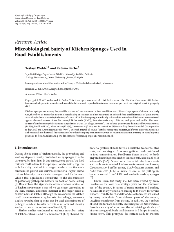 (PDF) Microbiological Safety of Kitchen Sponges Used in Food