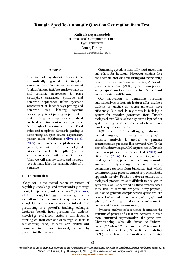 (PDF) Domain Specific Automatic Question Generation from Text