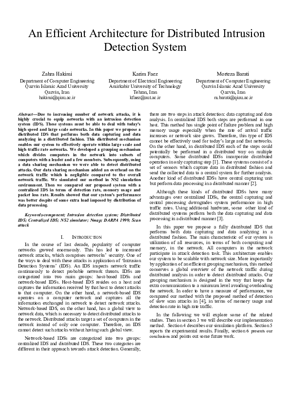 (PDF) An efficient architecture for distributed intrusion detection system