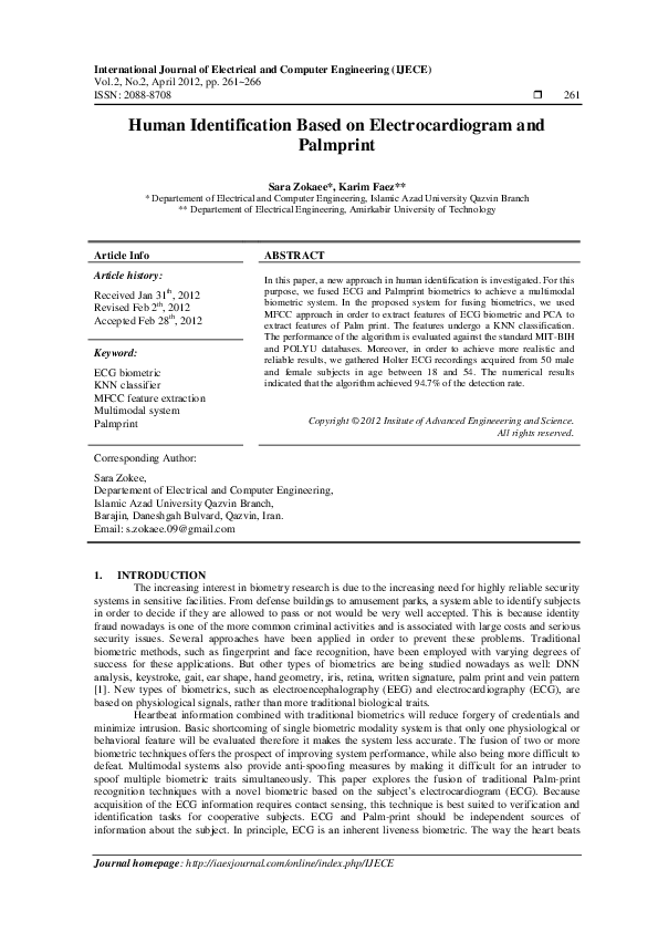 (PDF) Human Identification Based on ECG and Palmprint