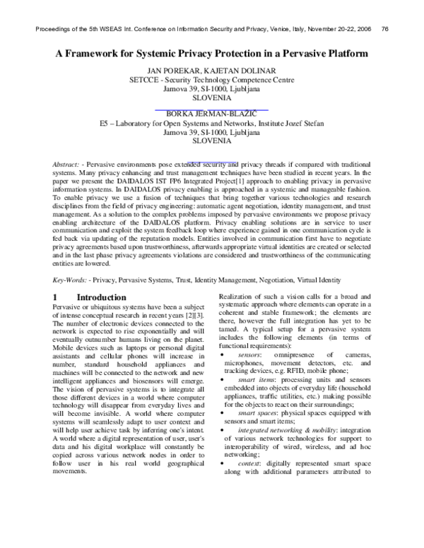 (PDF) A framework for systemic privacy protection in a pervasive platform
