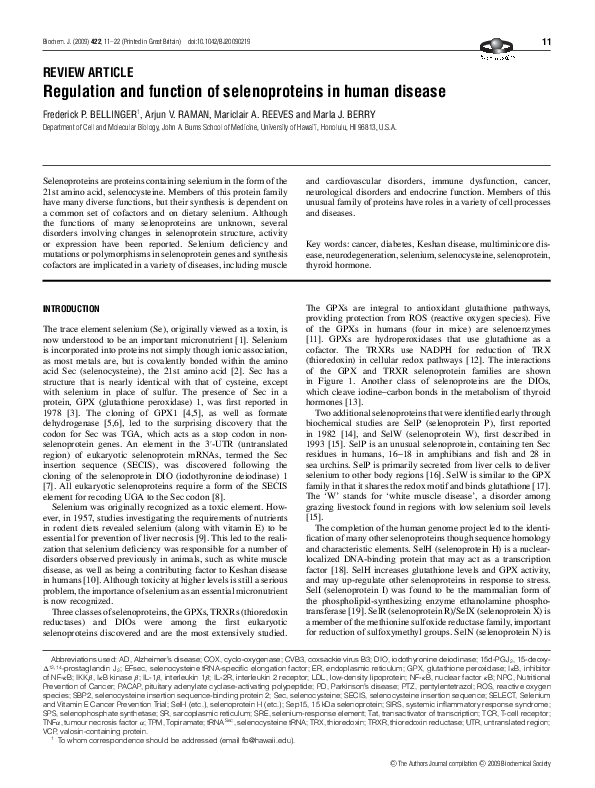 (PDF) Regulation and function of selenoproteins in human disease