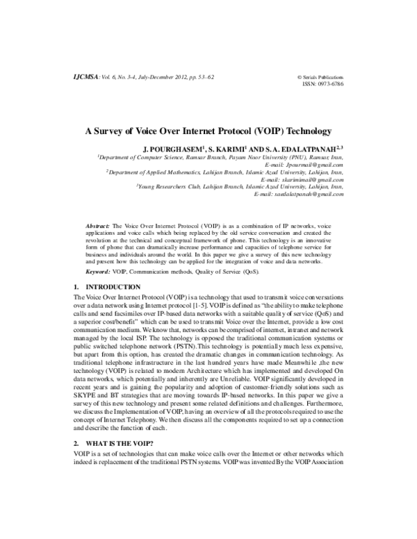 (PDF) A survey of voice over internet protocol (VOIP) technology