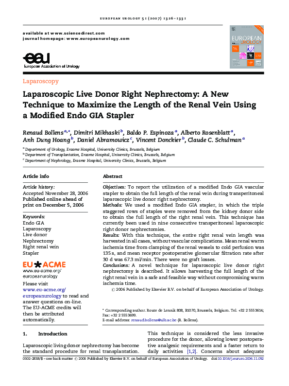 (PDF) Laparoscopic Live Donor Right Nephrectomy: A New Technique to ...