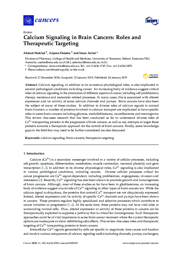 (PDF) Calcium Signaling in Brain Cancers: Roles and Therapeutic Targeting