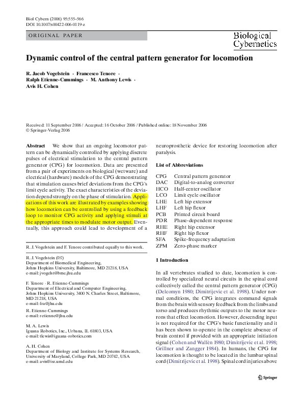 (PDF) Dynamic control of the central pattern generator for locomotion