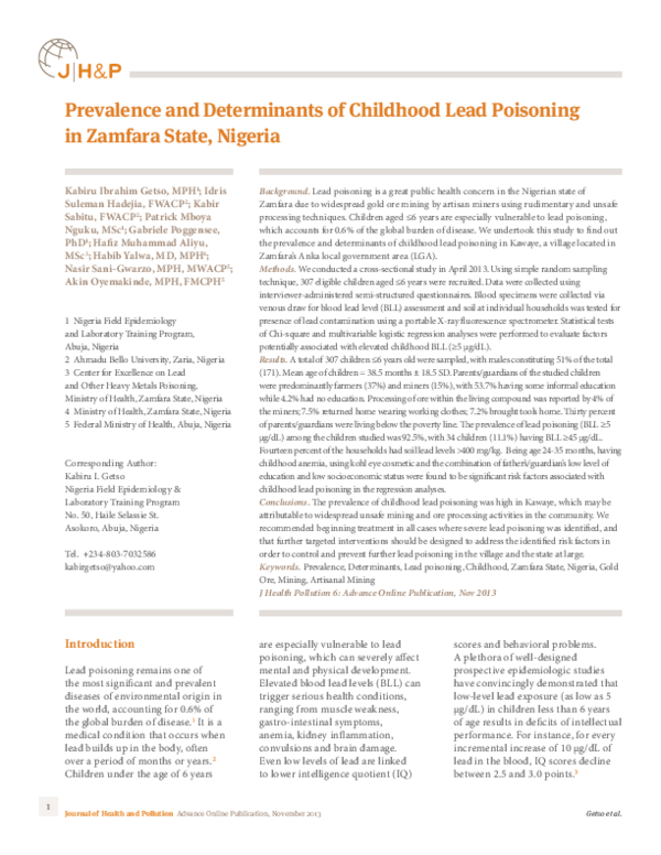 (PDF) Prevalence and Determinants of Childhood Lead Poisoning in