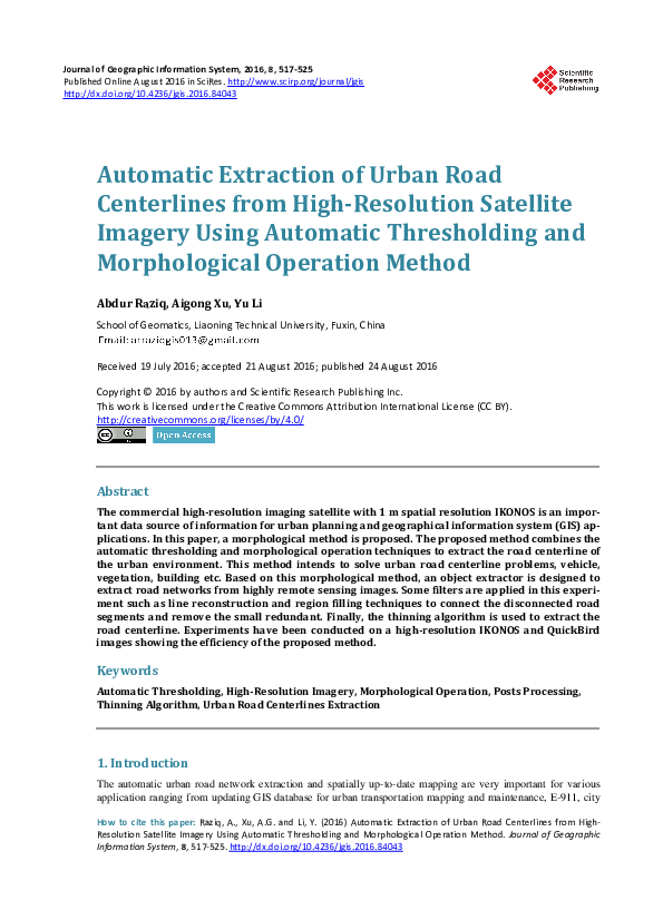 (PDF) Automatic Extraction of Urban Road Centerlines from High ...