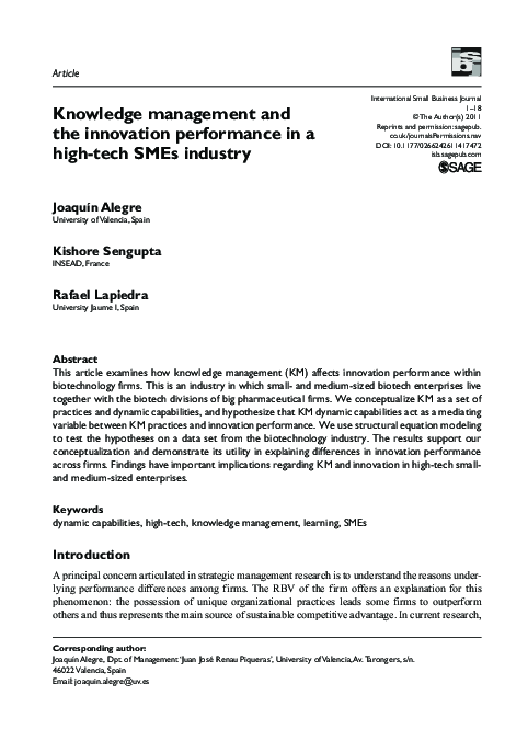 (PDF) Knowledge management and innovation performance in a high-tech ...