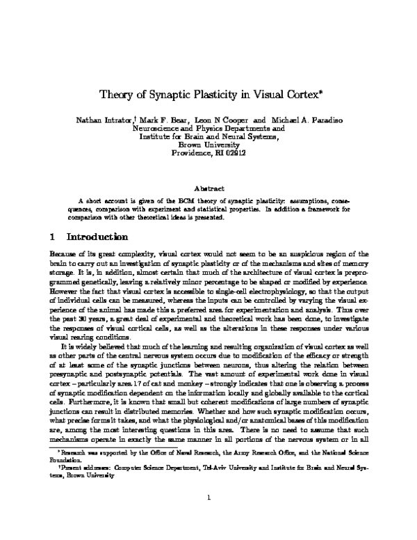 (PDF) Theory of Synaptic Plasticity in Visual Cortex