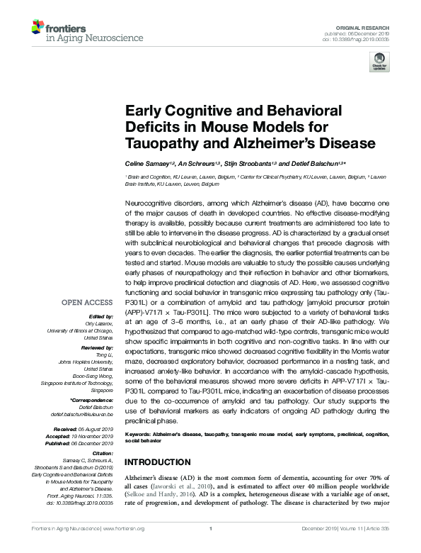 (PDF) Early Cognitive and Behavioral Deficits in Mouse Models for ...