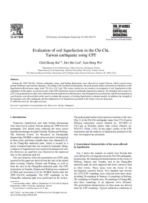 (PDF) Evaluation of soil liquefaction in the Chi-Chi, Taiwan earthquake ...