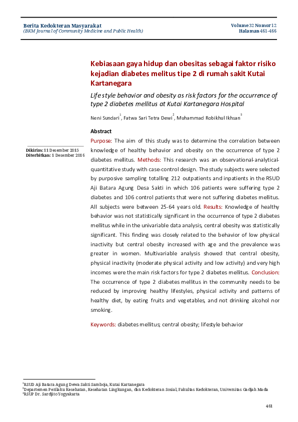 Pdf Perilaku Gaya Hidup Dan Obesitas Sebagai Faktor Risiko Kejadian