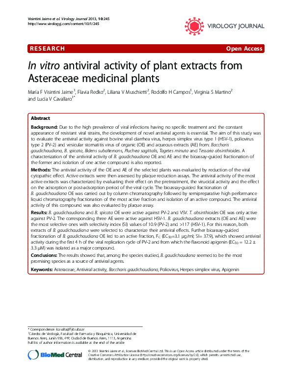 (PDF) In vitro antiviral activity of plant extracts from Asteraceae ...