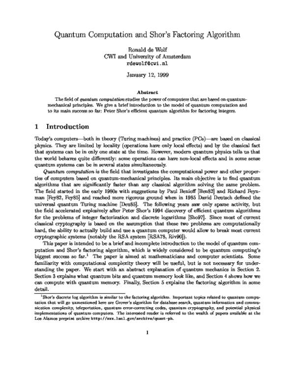(PDF) Quantum computation and Shor's factoring algorithm