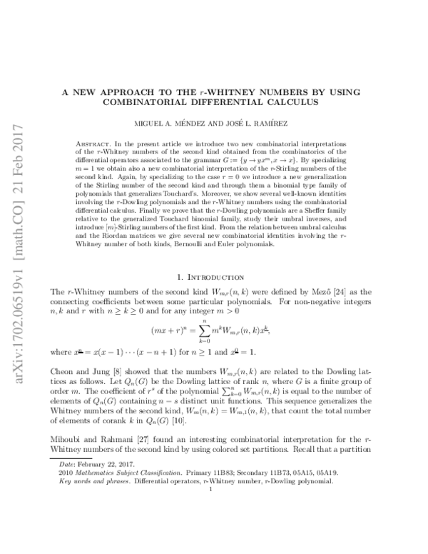 (PDF) A new approach to the r-Whitney numbers by using combinatorial ...