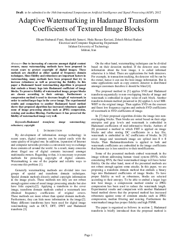 (PDF) Adaptive watermarking in Hadamard transform coefficients of ...