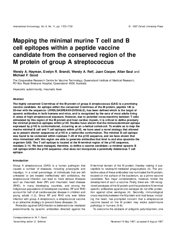 (PDF) Mapping the minimal murine T cell and B cell epitopes within a ...
