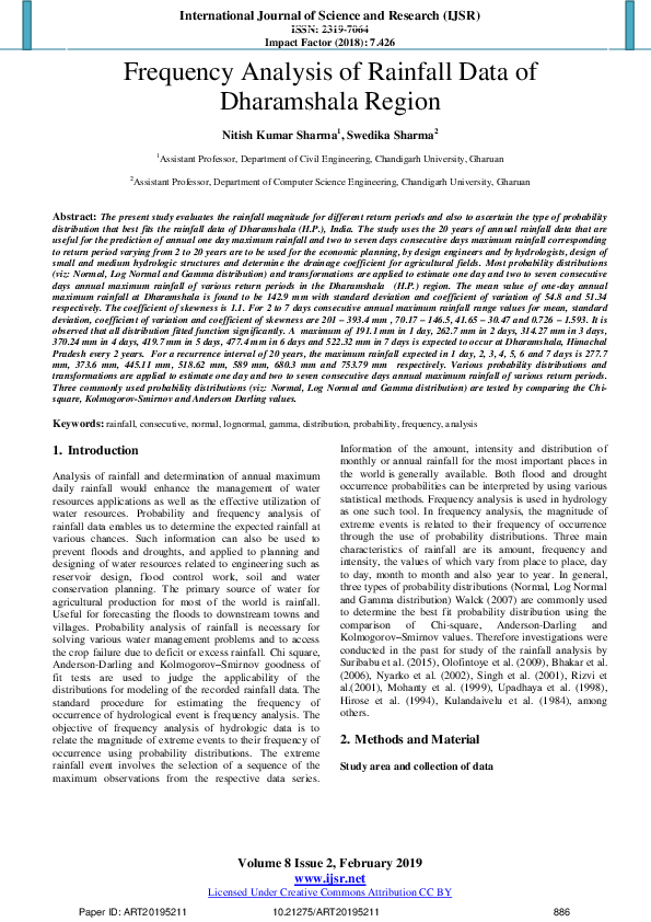(PDF) Frequency Analysis of Rainfall Data of Dharamshala Region