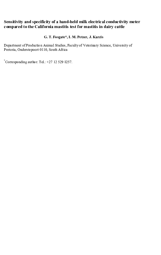 (PDF) Sensitivity and specificity of a handheld milk electrical