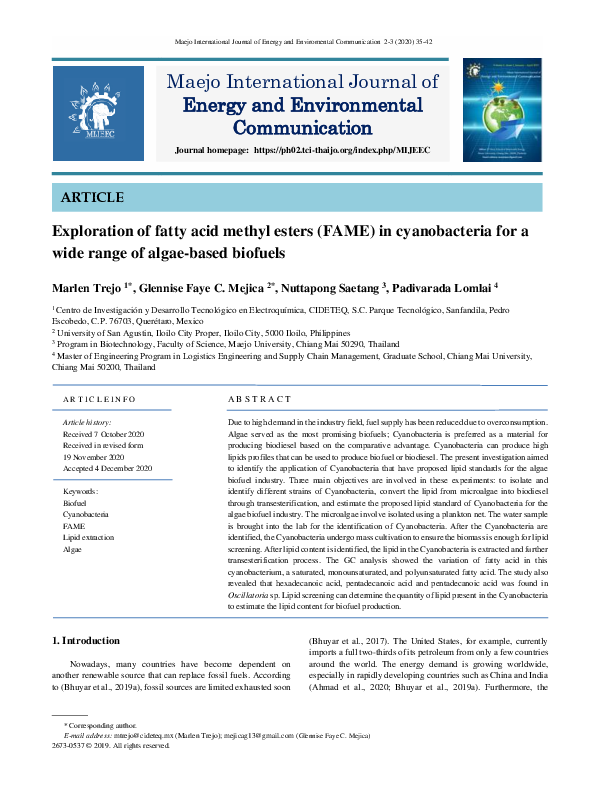 (PDF) Exploration of fatty acid methyl esters (FAME) in cyanobacteria